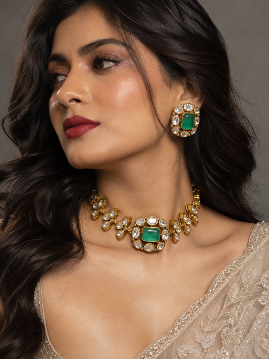 Premium floral  kundan and polki Necklace Set with Earrings