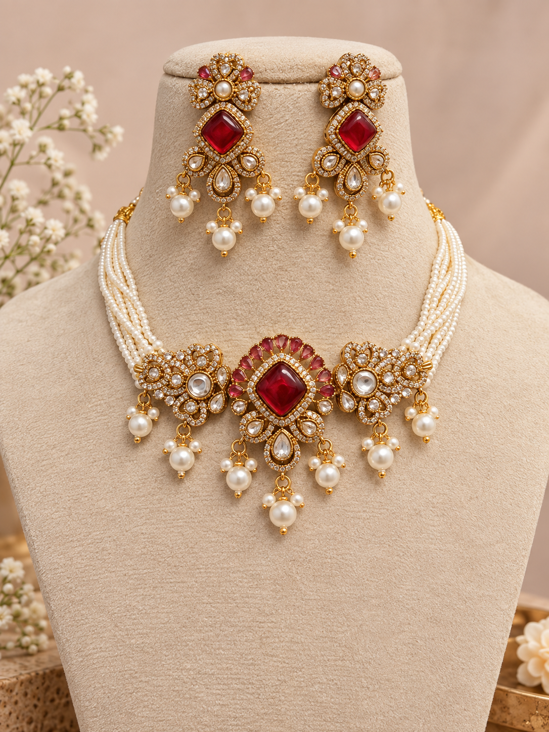 Premium  kundan and polki Necklace Set with Earrings