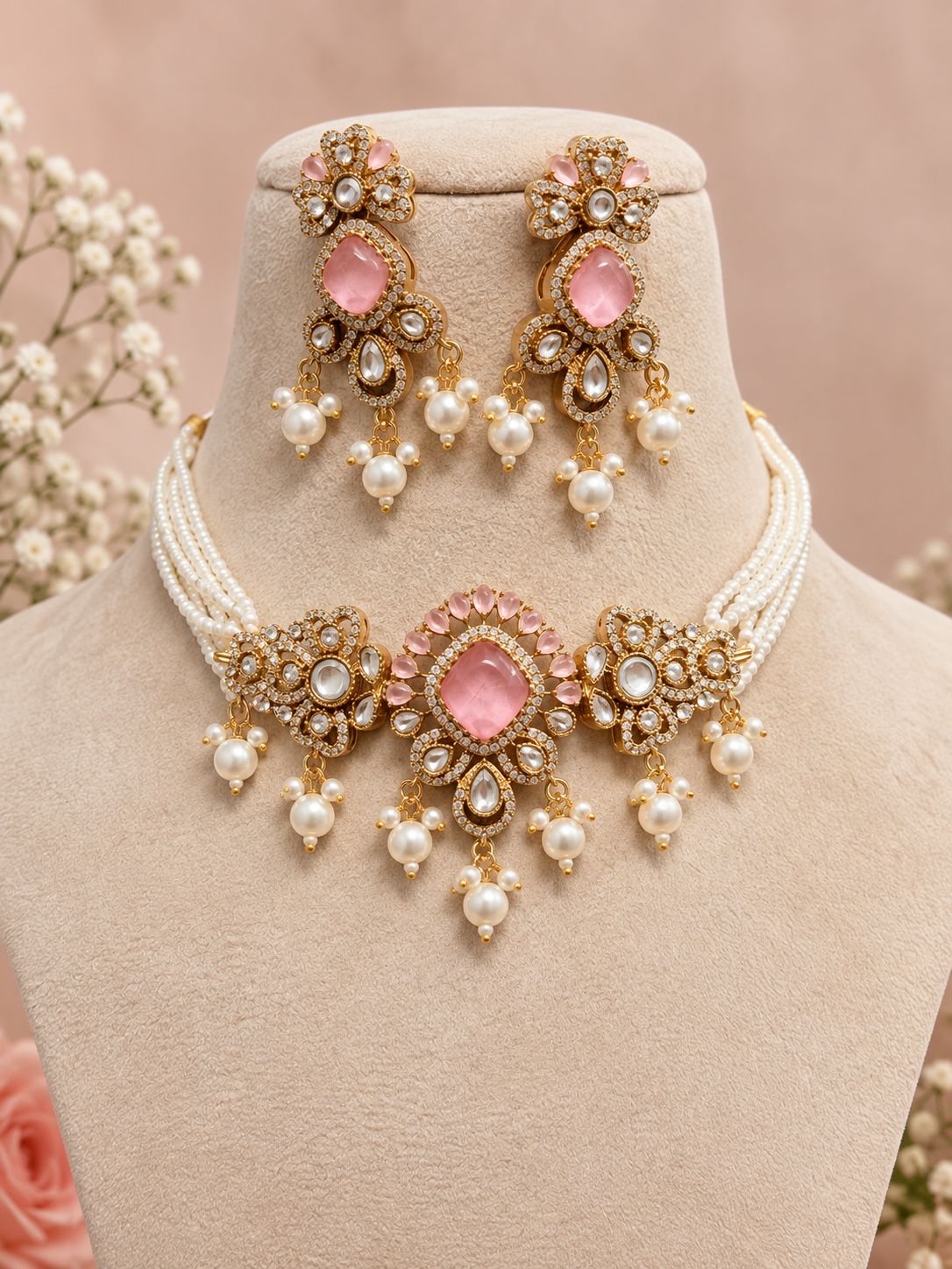 Premium  kundan and polki Necklace Set with Earrings