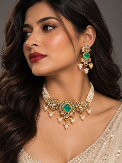 Premium  kundan and polki Necklace Set with Earrings