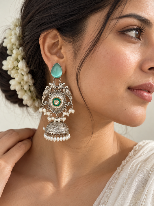 NOOR | silver with white pearl Long Jhumka