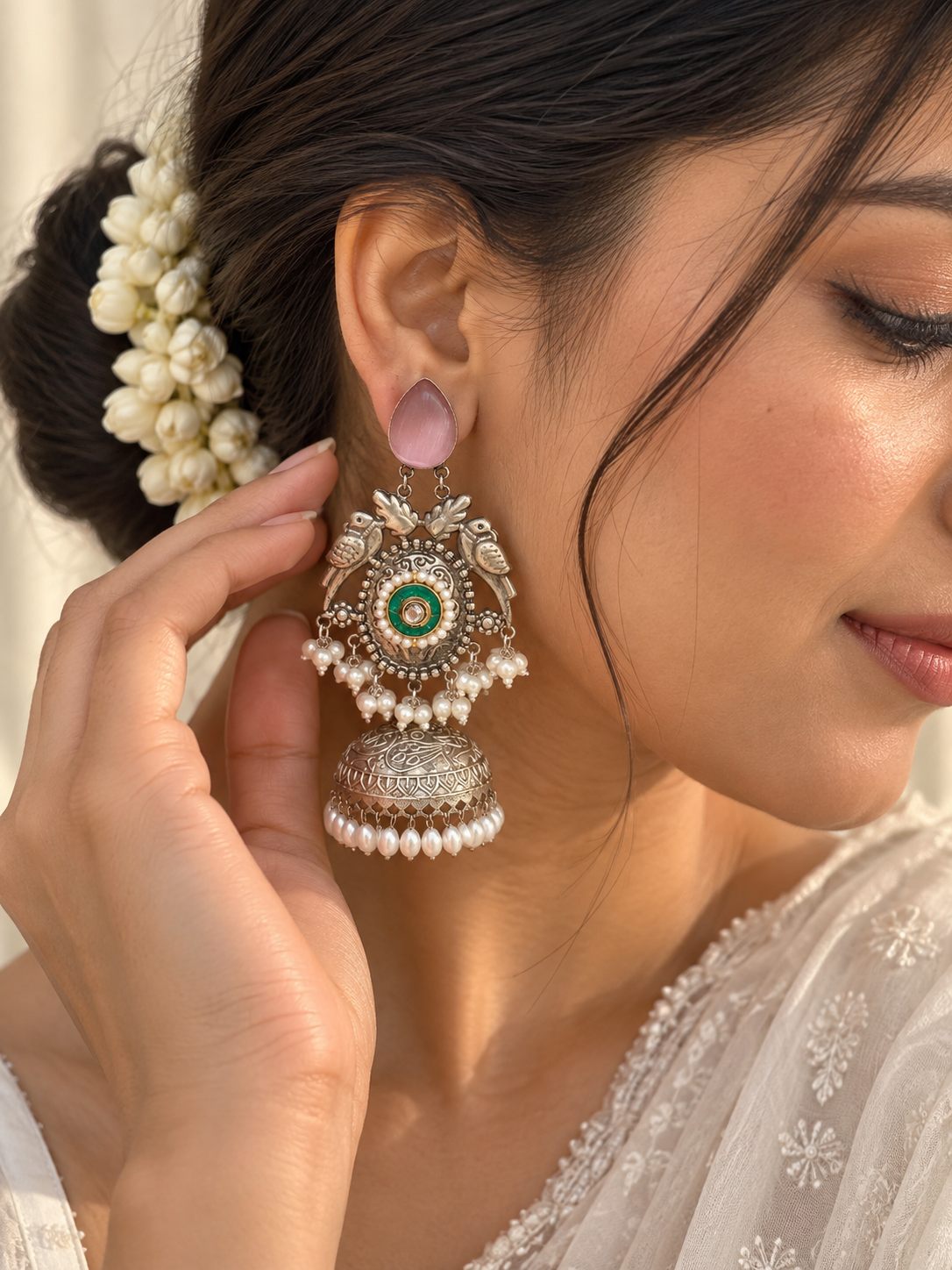 NOOR | silver with white pearl Long Jhumka