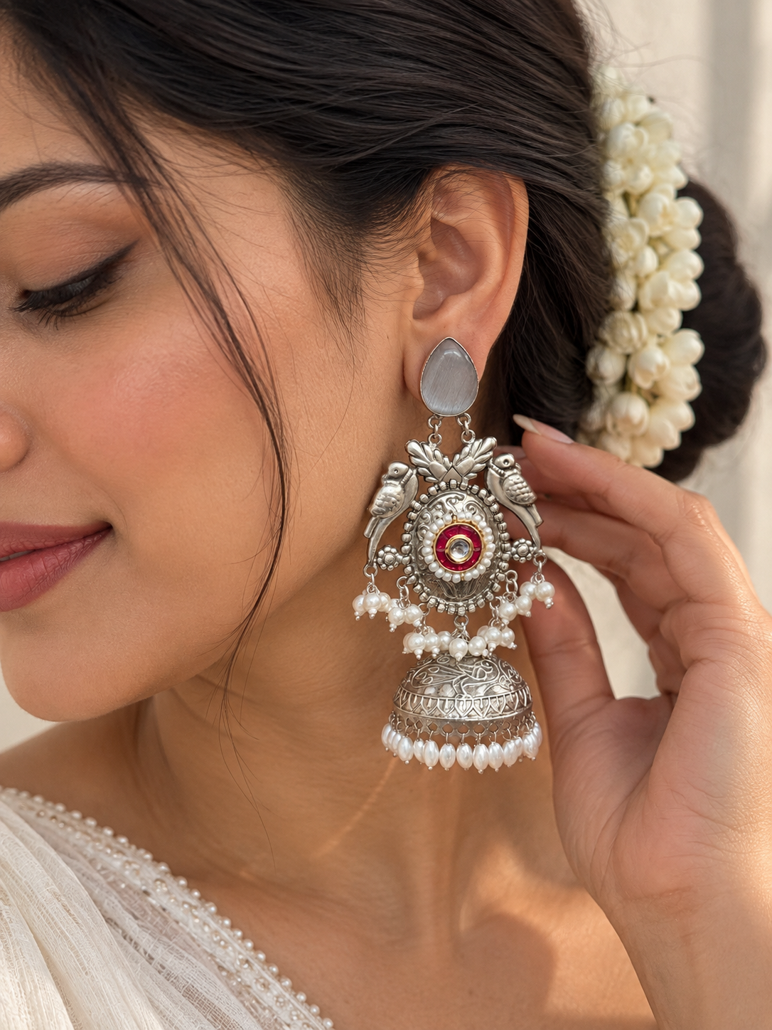 NOOR | silver with white pearl Long Jhumka