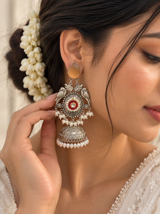 NOOR | silver with white pearl Long Jhumka
