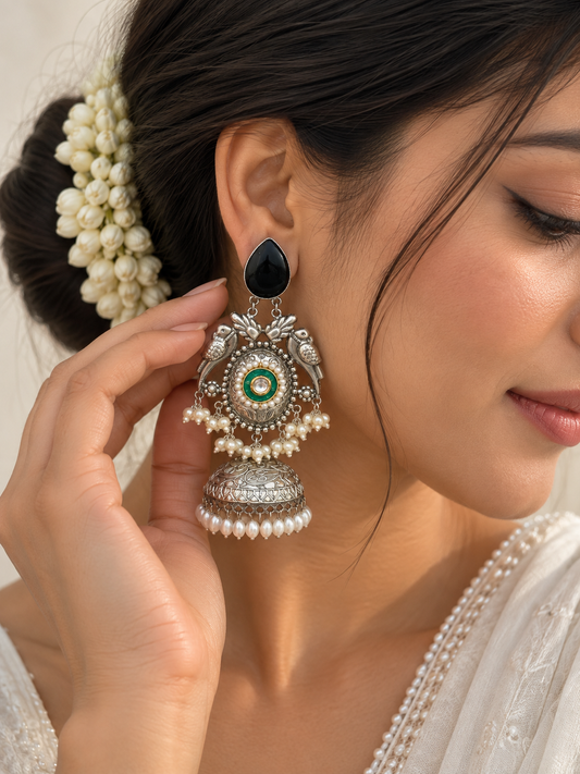 NOOR | silver with white pearl Long Jhumka