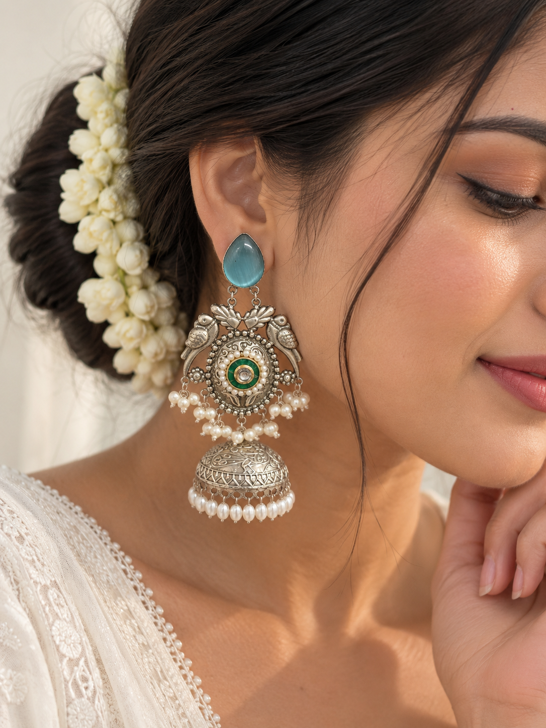 NOOR | silver with white pearl Long Jhumka
