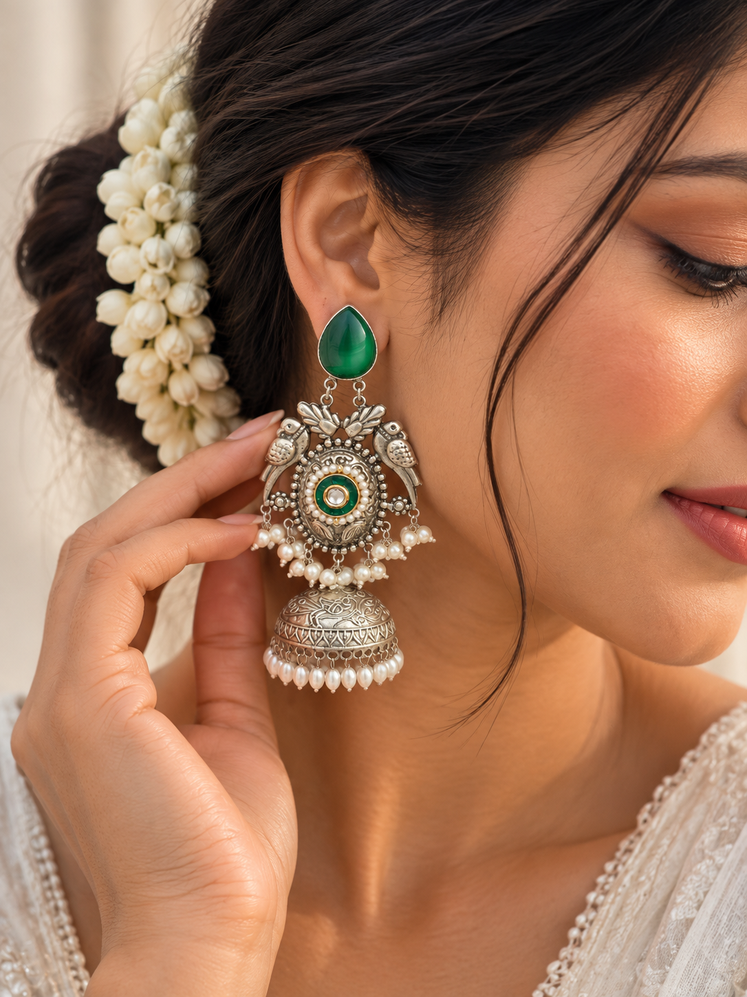 NOOR | silver with white pearl Long Jhumka