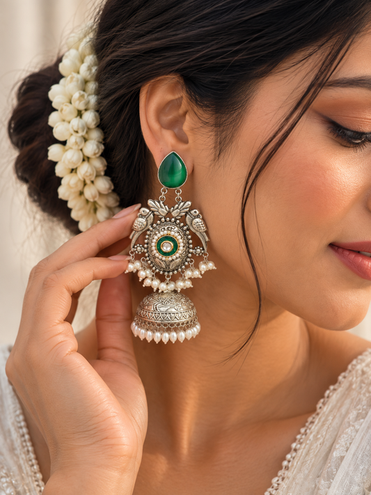 NOOR | silver with white pearl Long Jhumka
