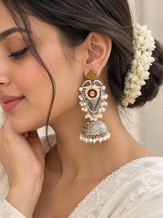 NOOR | silver with white pearl Long Jhumka