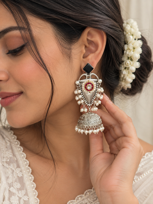 NOOR | silver with white pearl Long Jhumka