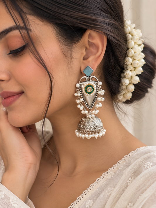 NOOR | silver with white pearl Long Jhumka