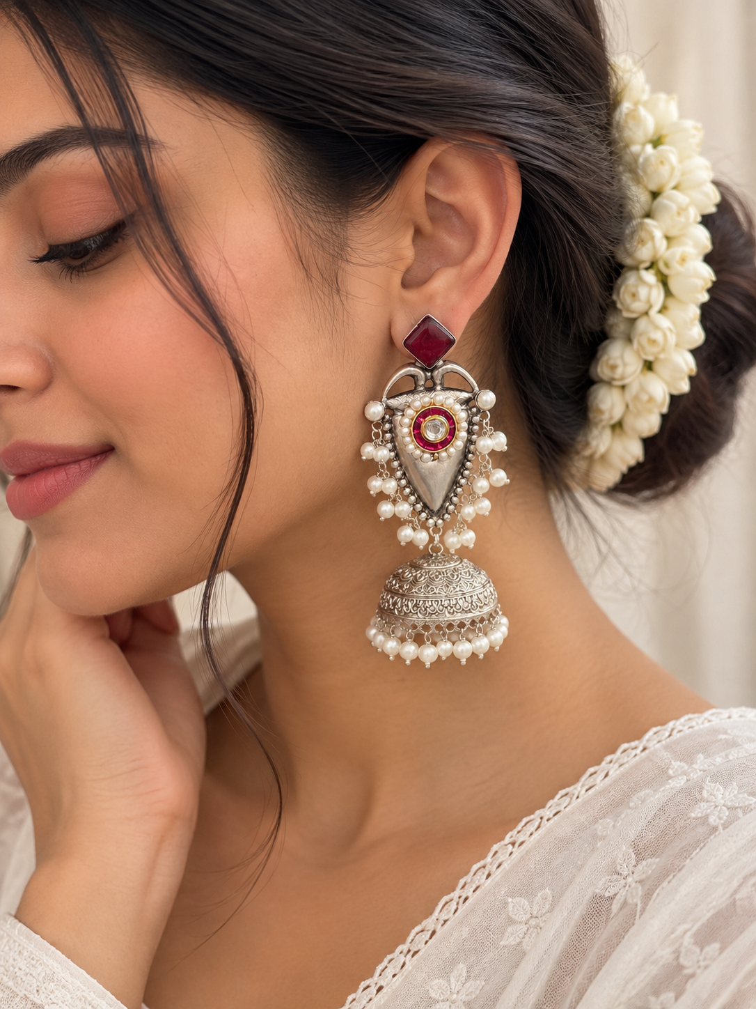 NOOR | silver with white pearl Long Jhumka
