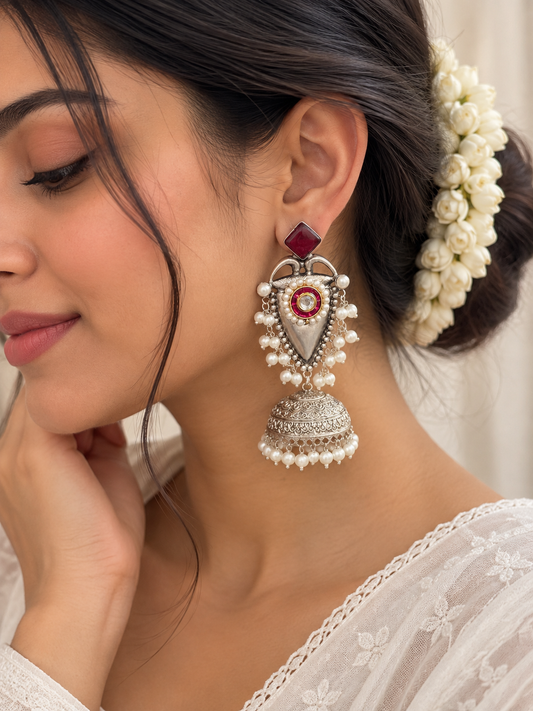 NOOR | silver with white pearl Long Jhumka