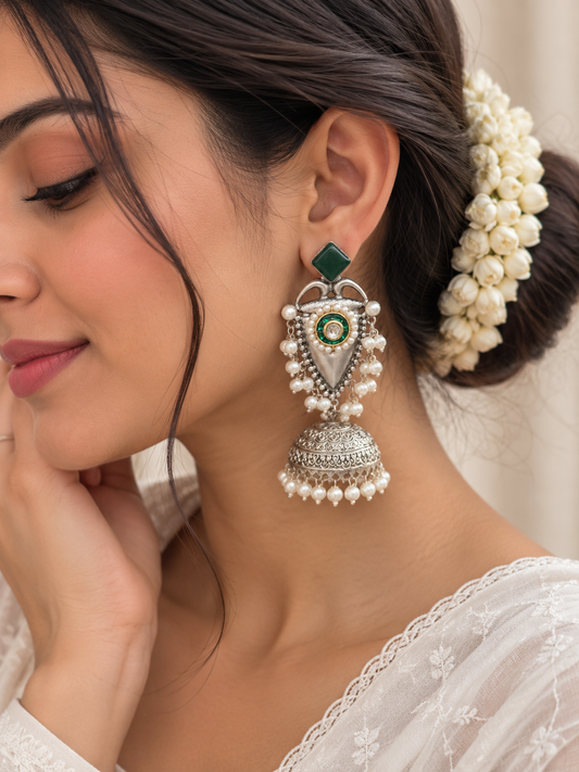 NOOR | silver with white pearl Long Jhumka