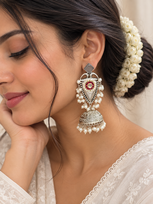 NOOR | silver with white pearl Long Jhumka