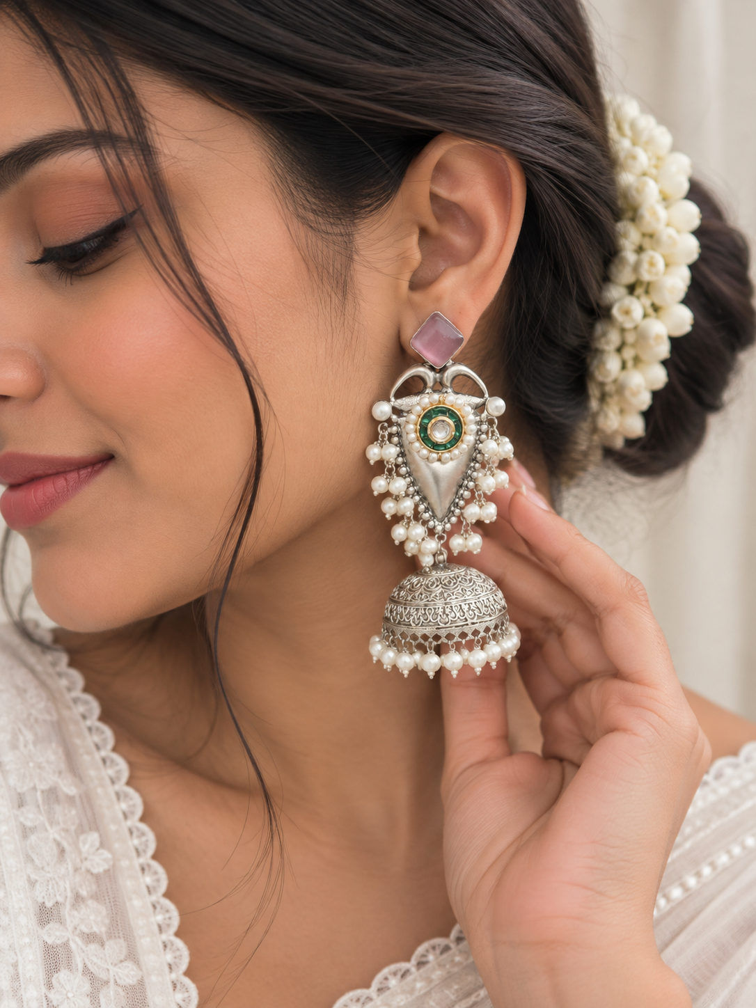 NOOR | silver with white pearl Long Jhumka