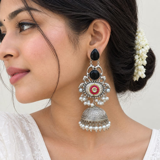 NOOR | silver with white pearl Long Jhumka