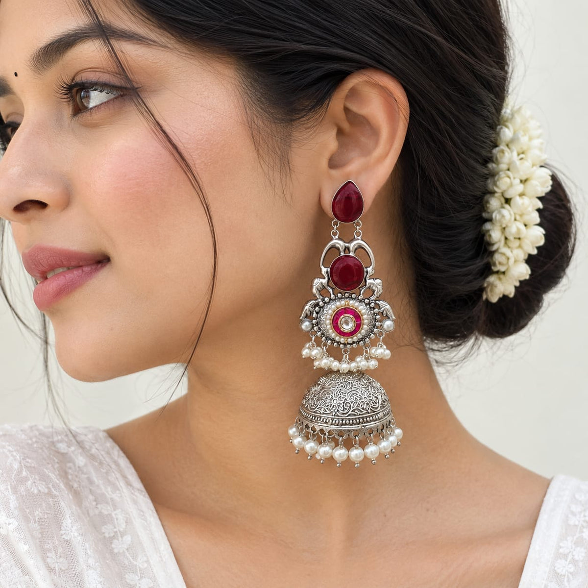 NOOR | silver with white pearl Long Jhumka