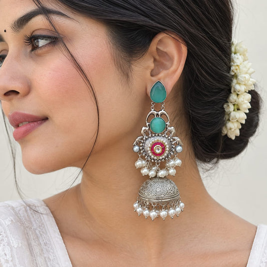 NOOR | silver with white pearl Long Jhumka