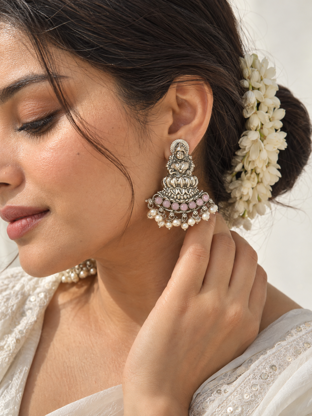 Maha lakshmi Goddess murti on lotus Statement light-weighted  Silver Earrings