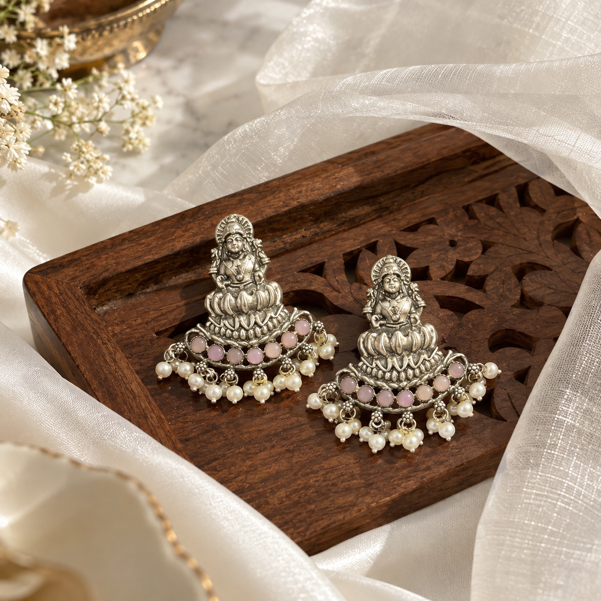 Maha lakshmi Goddess murti on lotus Statement light-weighted  Silver Earrings