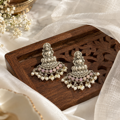 Maha lakshmi Goddess murti on lotus Statement light-weighted  Silver Earrings