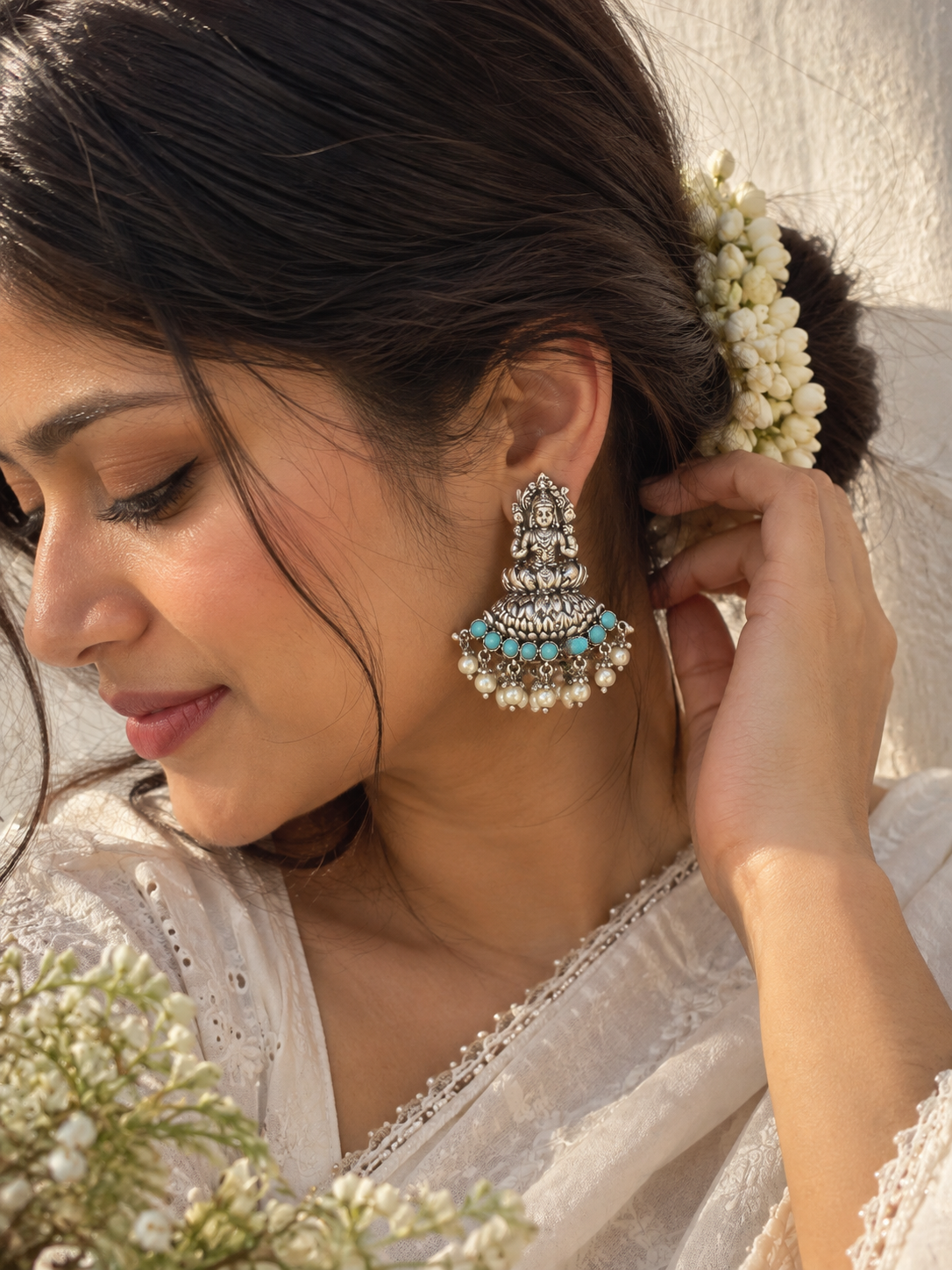Maha lakshmi Goddess murti on lotus Statement light-weighted  Silver Earrings