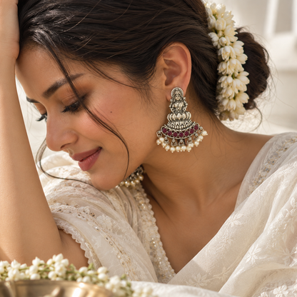 Maha lakshmi Goddess murti on lotus Statement light-weighted  Silver Earrings