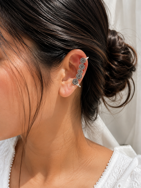 Non piercing Ear cuffs | Silver Earrings for non pierced | bugadi oxidised German silver Earrings saree kurta Bloom - By Sushmita India Navratri Diwali Ganpati holi Eid