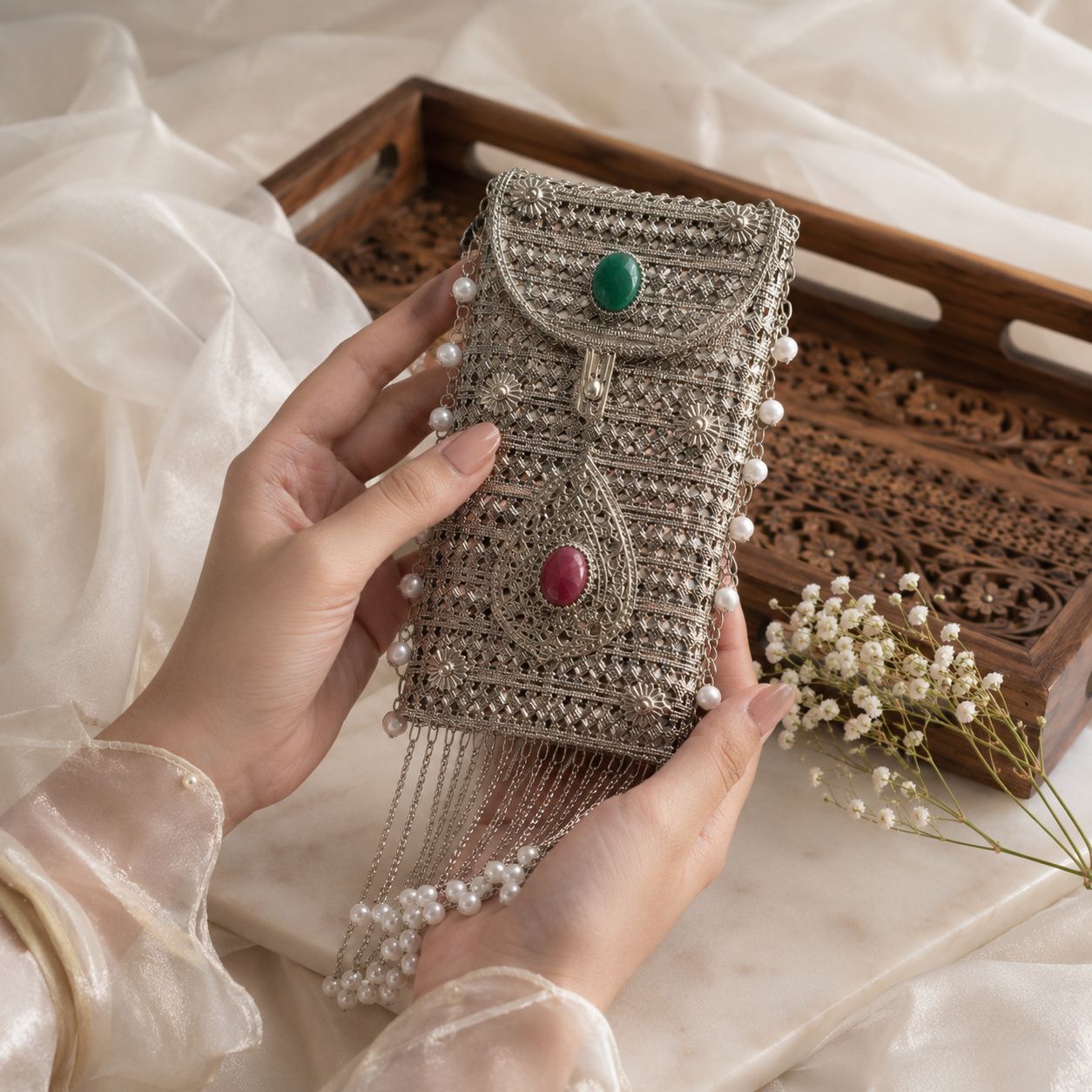 Mobile Chaandi bags | Silver Mobile purse