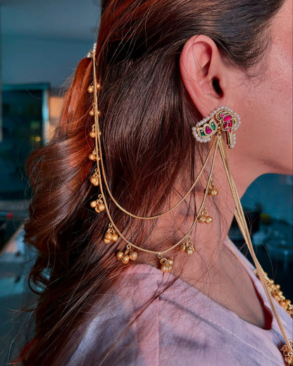 Kashmiri Jhumka with Earchain | Golden Ghungru tassel Jhumka Earringi