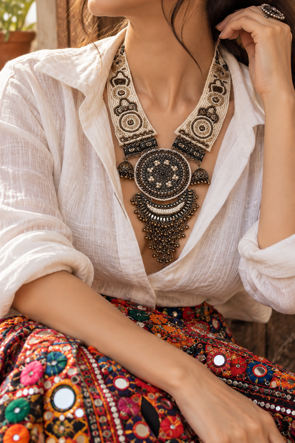 Oxidised Afghan Tasseled Filigree Work Necklace
