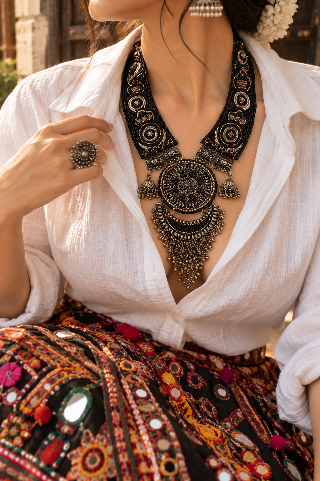 Oxidised Afghan Tasseled Filigree Work Necklace