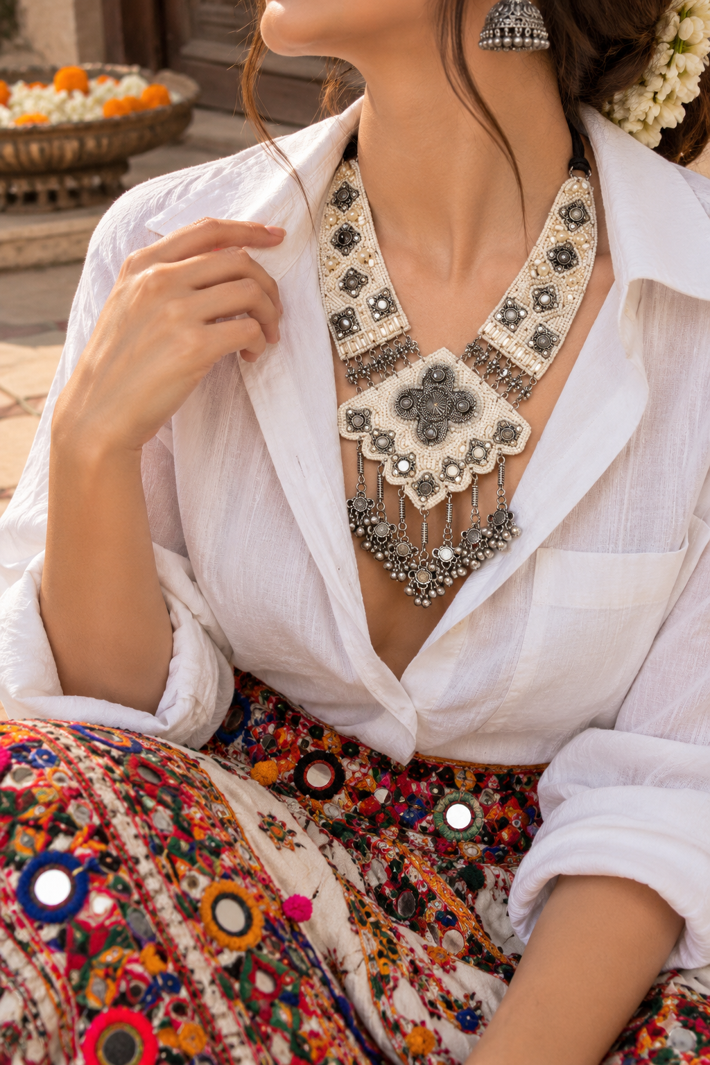 Oxidised Afghan Tasseled Filigree Work Necklace