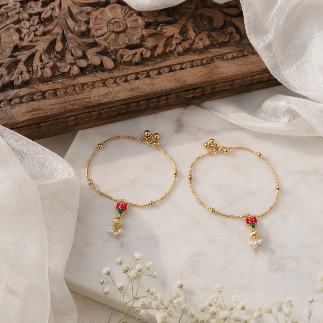 Kids Golden lotus design minimal Anklets | Payal