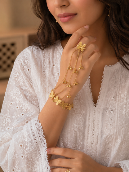 Golden Ghungroo Brass Hathphool | Hand Jewelry | alia bhatt Cannes style