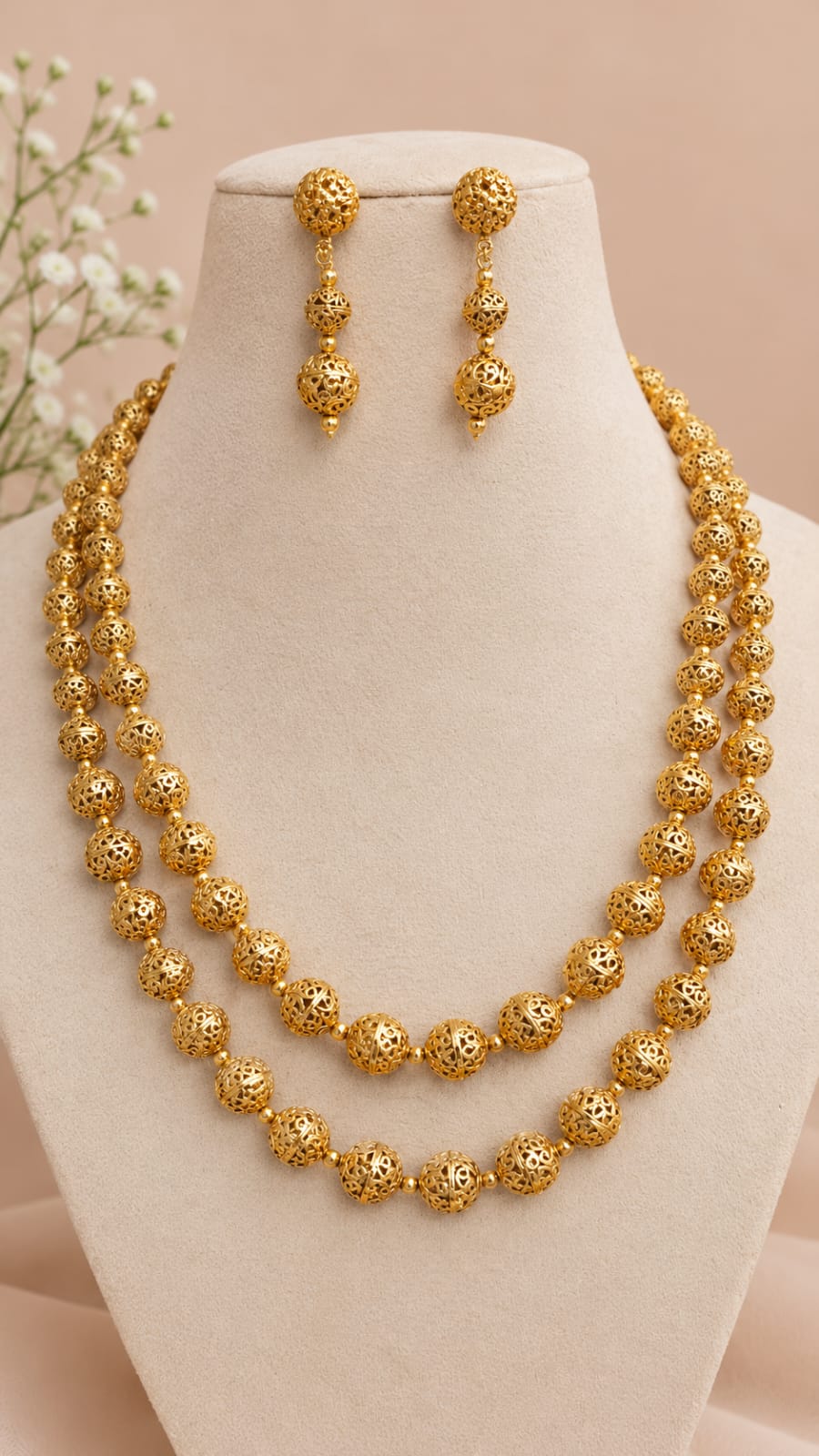 24K Gold Plated layered Matar Mala with Earrings