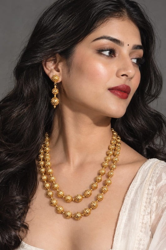 24K Gold Plated layered Matar Mala with Earrings