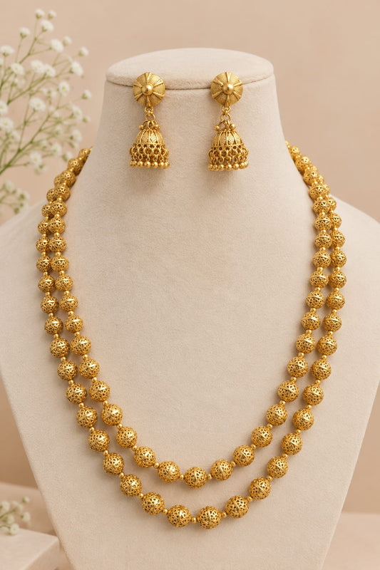 24K Gold Plated layered Matar Mala with Earrings