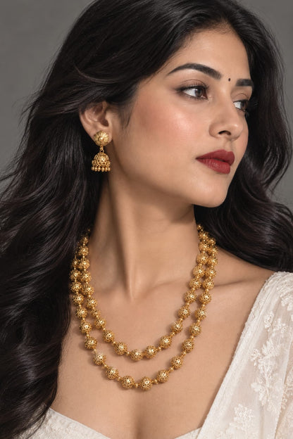 24K Gold Plated layered Matar Mala with Earrings