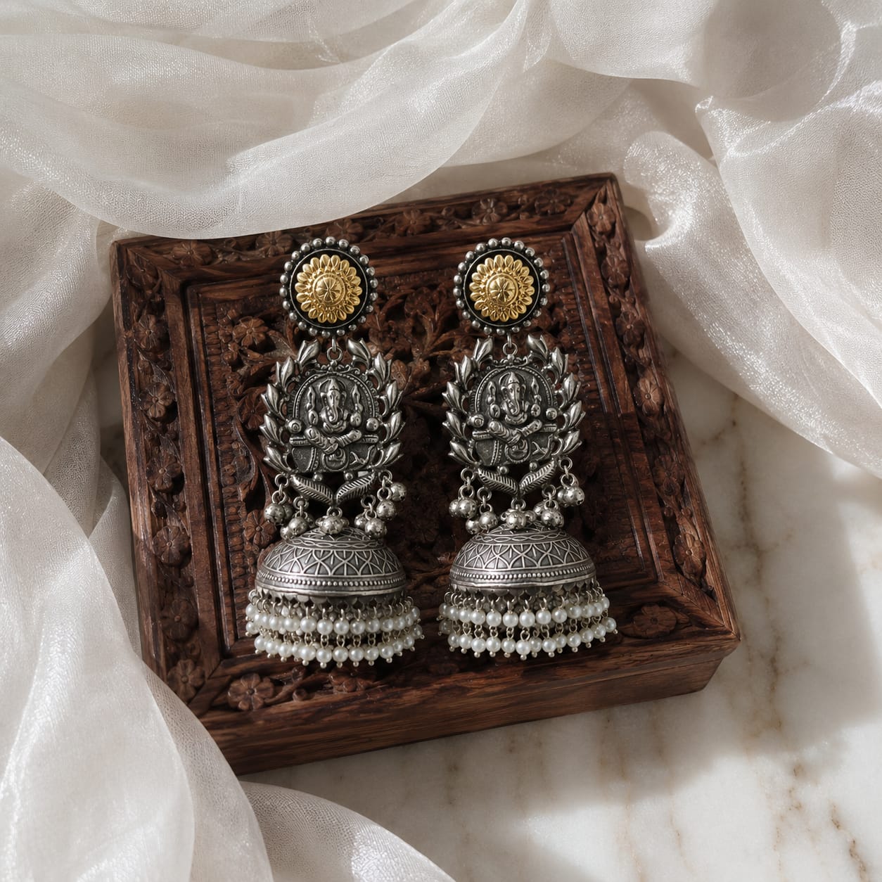 NOOR | silver with white pearl Long Jhumka oxidised German silver saree kurta Bloom - By Sushmita India Navratri Diwali Ganpati holi Eid