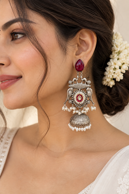 NOOR | silver with white pearl Long Jhumka