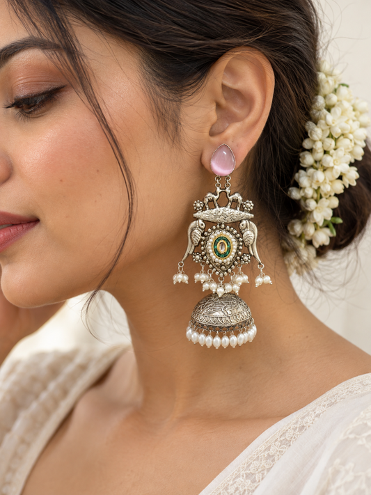 NOOR | silver with white pearl Long Jhumka