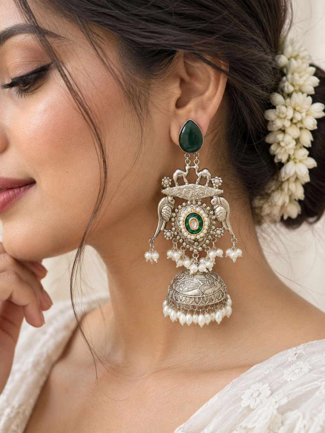 NOOR | silver with white pearl Long Jhumka
