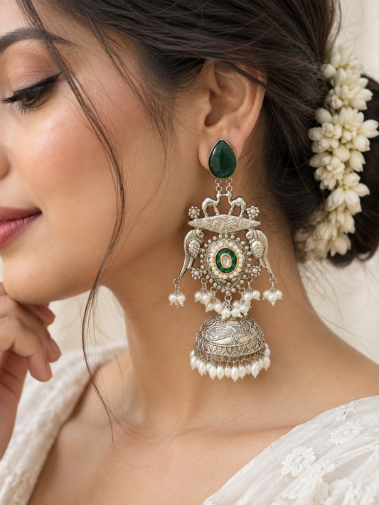 NOOR | silver with white pearl Long Jhumka