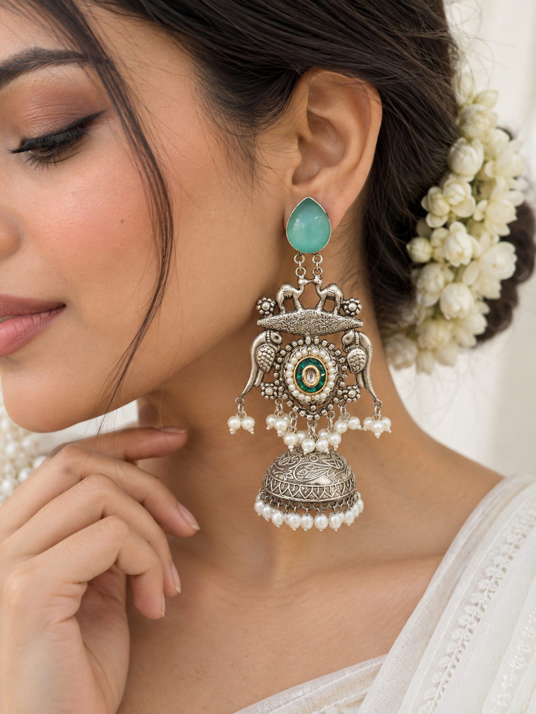 NOOR | silver with white pearl Long Jhumka