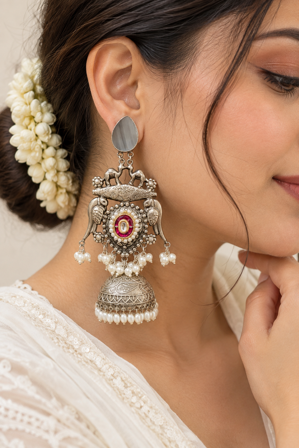 NOOR | silver with white pearl Long Jhumka