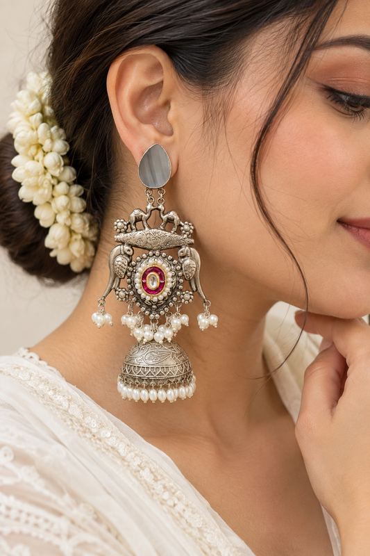 NOOR | silver with white pearl Long Jhumka