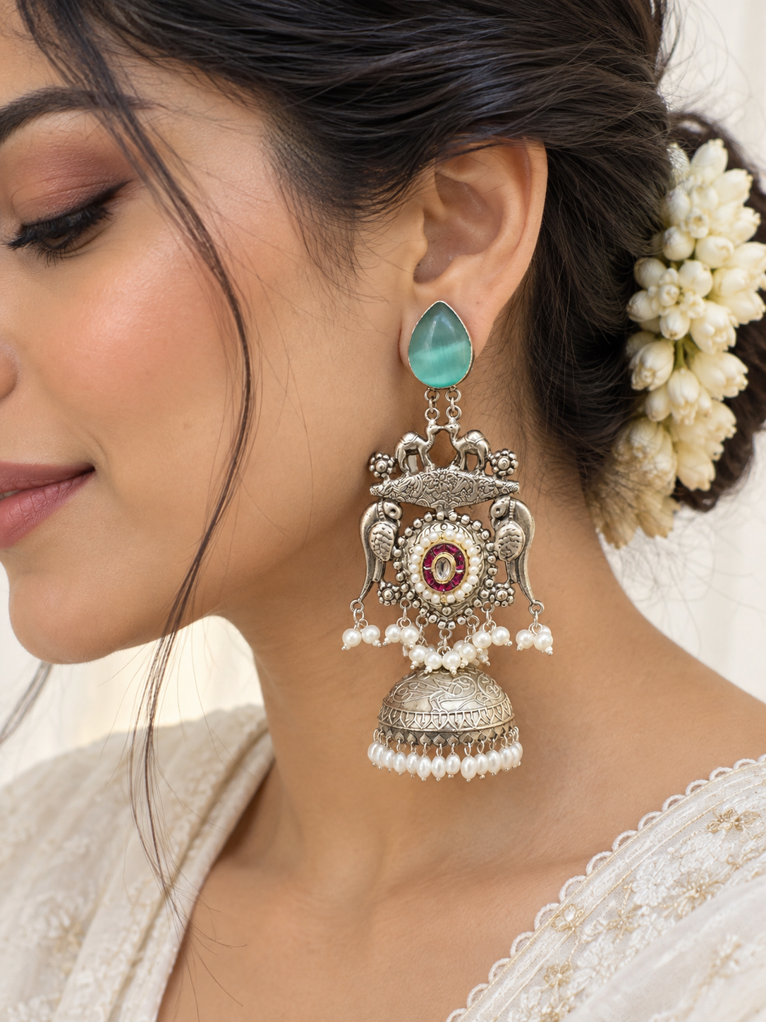 NOOR | silver with white pearl Long Jhumka