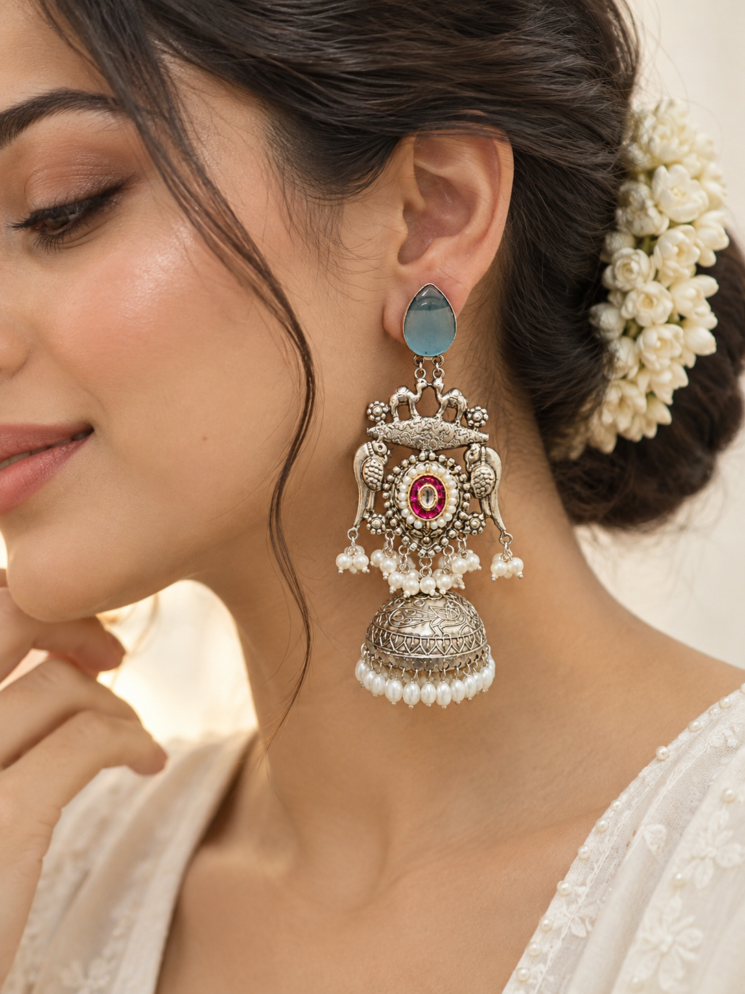 NOOR | silver with white pearl Long Jhumka